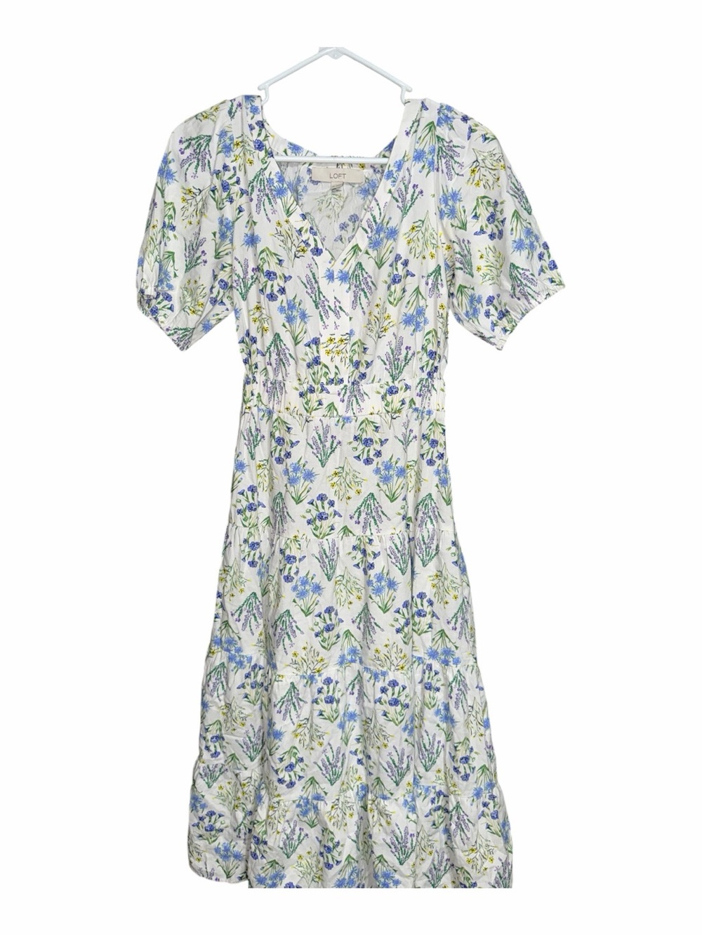 LOFT White Floral Midi Dress with Blue & Green Print